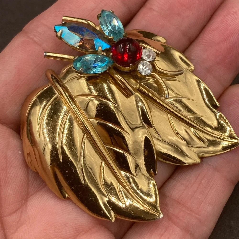Vintage Coro Double Leaf and Rhinestone Bug Brooch